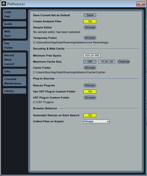 Ableton Live File/Folder Preferences Showing the Custom VST Folder on Windows